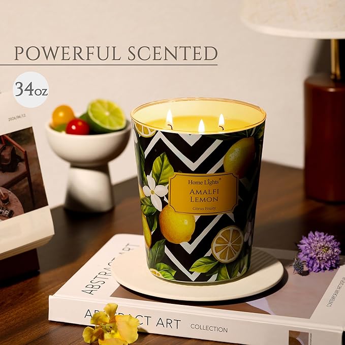 HomeLights Large jar Candle | 3-Wick Long-Lasting Scented Candles, 34oz Natural Soy Wax Candle for