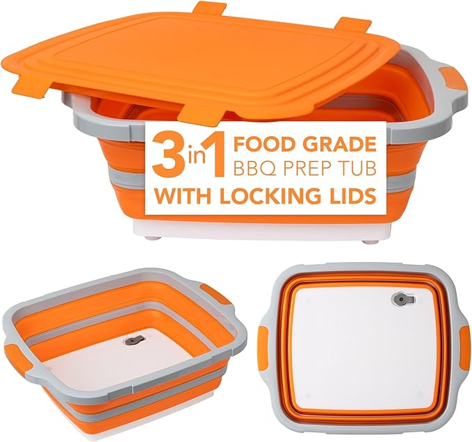 EJKJ Collapsible Cutting Board & Grill Caddy with Lid – Multifunctional Silicone Dish Tub & Food