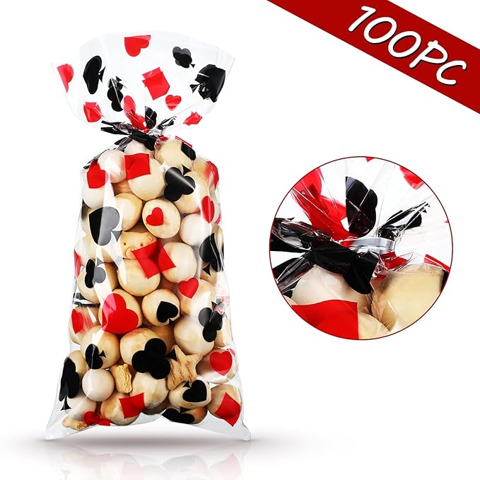 100 Pieces Casino Party Cellophane Treat Bags, Black Red Las Vegas Poker Plastic Candy Goodie Bags