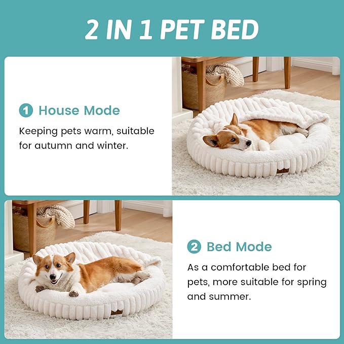 Small Dog Bed with Hooded Blanket, Round Fluffy Anti-Anxiety Pet Bed for Small Dogs & Medium Dogs