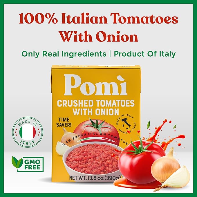 Pomì Crushed Tomatoes with Onion 13.8oz (Pack of 12) - Creamy, Velvety Italian Tomato Sauce No Salt