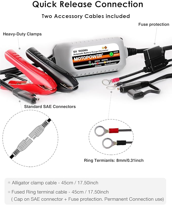 MOTOPOWER MP00205B 12V 1000mA Automatic Battery Charger, Battery Maintainer, Trickle Charger, and