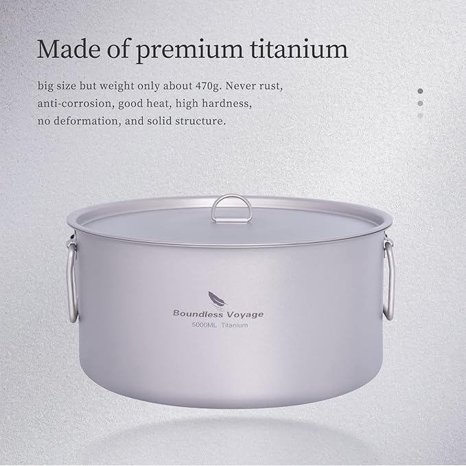 Boundless Voyage Outdoor Camping Titanium Pot 5.0L Stockpot with Lid Folding Handle Hiking Picnic