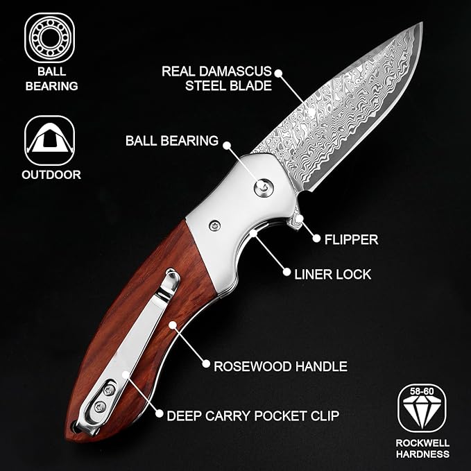 KOMWERO Damascus Pocket Knife, Sharp Damascus Steel Knife with Core VG10 Steel Blade Wood Handle