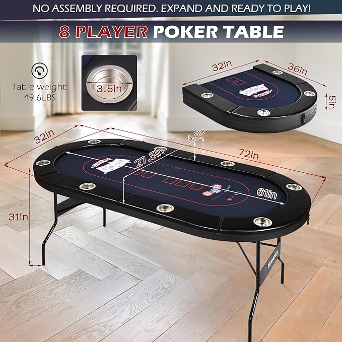 Poker Table Foldable, 8/10 Player Folding Poker Tables with Casino Grade Felt, Padded Rails & Cup