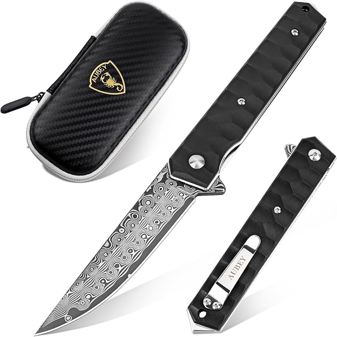AUBEY Damascus Pocket Knife with Clip, Tanto Blade Damascus Steel Folding Knives for Men Tactical