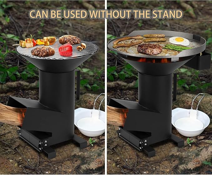 3-in-1 Camp Rocket Stove Kit with BBQ Grate, Griddle, Pot Rack, Portable Wood Burning Stove with
