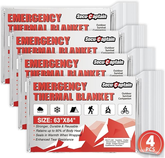 SecuCaptain Survival Emergency Thermal Blankets: Extra Large 84??x63??Space Mylar Blanket Kit for