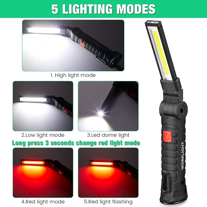 Honoson 4 Pieces LED Work Light Cob Rechargeable Work Flashlight with Magnetic Base, Hanging Hook