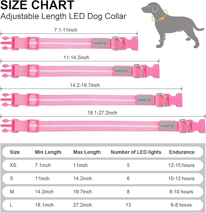 CHUKCHI LED Dog Collar Rechargeable,Waterproof Flashing Collar,Light Up Glow Collar, Adjustable