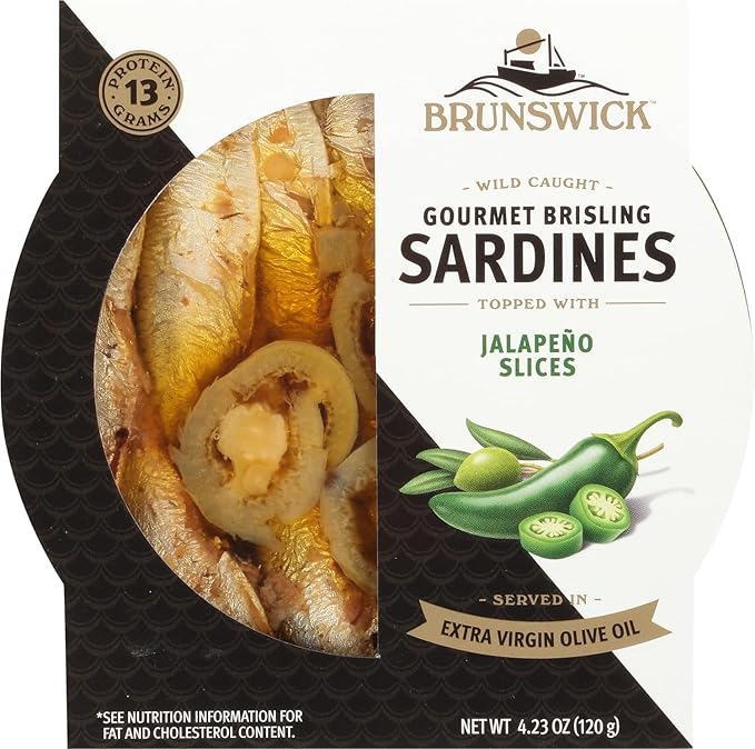 Brunswick Wild Caught Gourmet Brisling Sardines in Extra Virgin Olive Oil Topped with Jalapeño