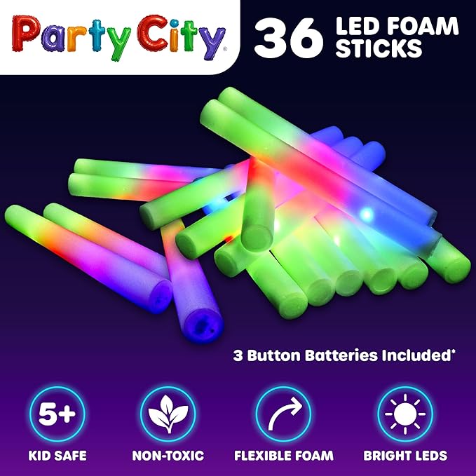 Party City 36pk LED Foam Glow Sticks 14?? Glow in the Dark Party Supplies Favors, Colorful Flashing