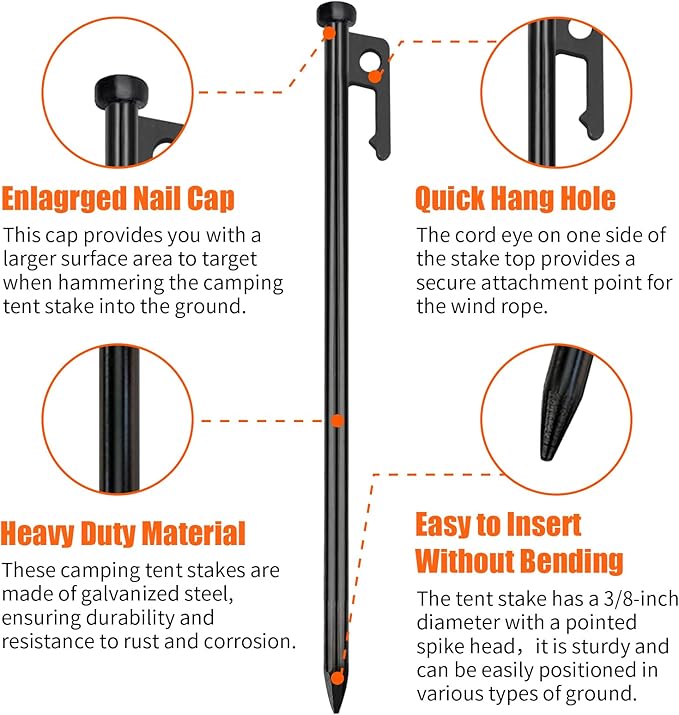 Eurmax USA 10 inch Multiuse Heavy Duty Steel Tent Stakes Tarp Pegs Camping Stakes for Outdoor
