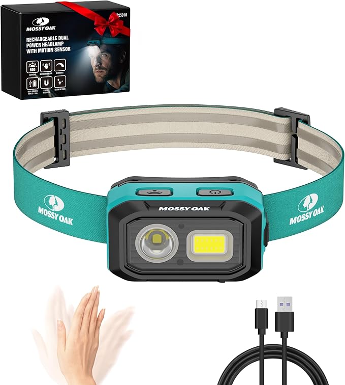 Mossy Oak 600 Lumens LED Headlamp, Dual Power Source, Motion Sensor Head Lamp with Magnetic Base