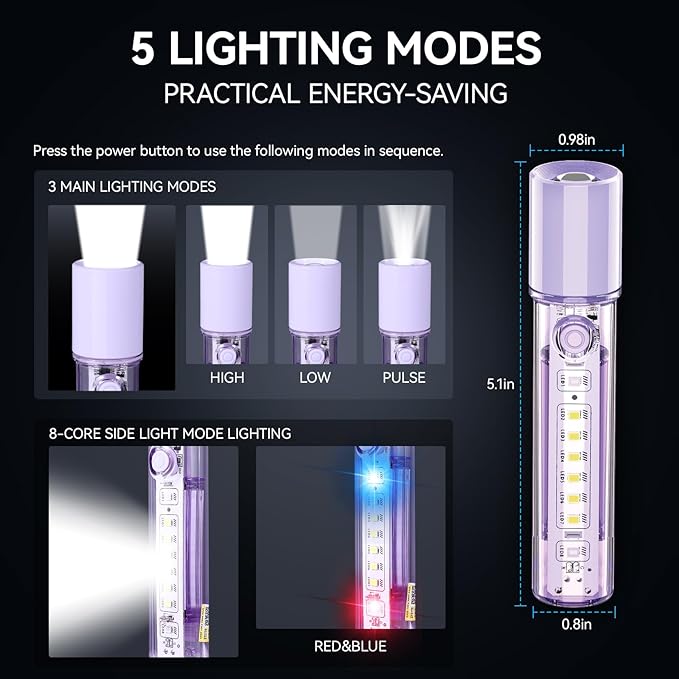 VAVOFO Purple LED EDC Flashlight - USB-C Rechargeable, Waterproof, Zoom Focus, 3 Modes, Red & Blue