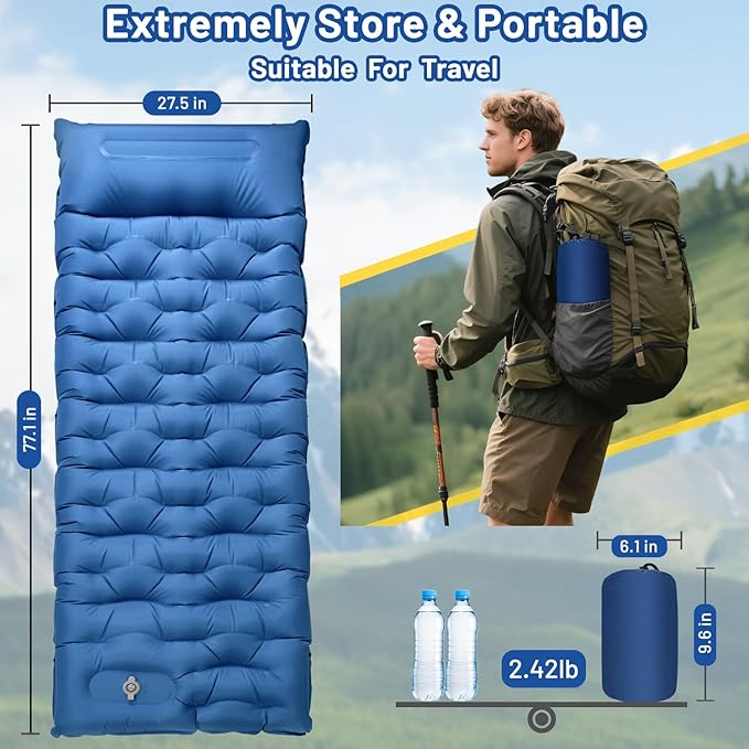 Camping Sleeping Pad, Extra Thick 6 Inch Inflatable Camping Mat with Pillow Built-in Foot Pump