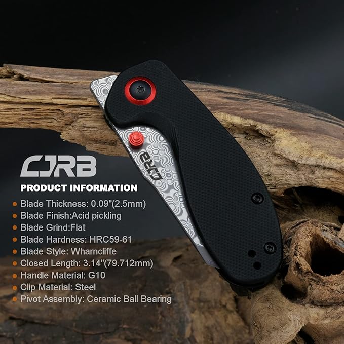 CJRB Maileah pocket knife, folding knife with 2.39'' Damascus Steel Blade, Black G10 Handle EDC