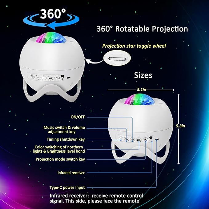 Galaxy Projector for Bedroom, Star Projector, White Noise with Bluetooth Speaker, Timer, Night