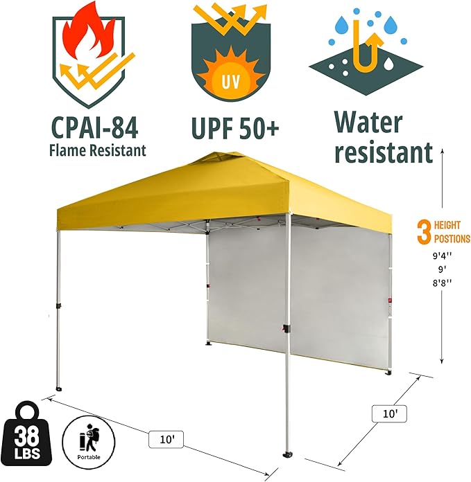 CROWN SHADES 10x10 Pop Up Canopy with 1 Side Wall - Beach Tent with One Push Setup - Outdoor Sun