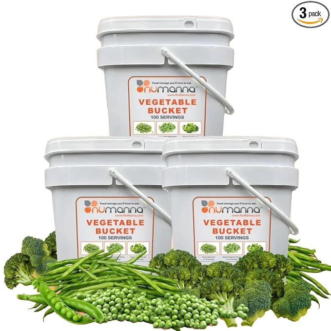 NuManna Triple Pack Freeze-Dried 3 Vegetables Buckets 300 Servings Contains Peas, Green Beans &