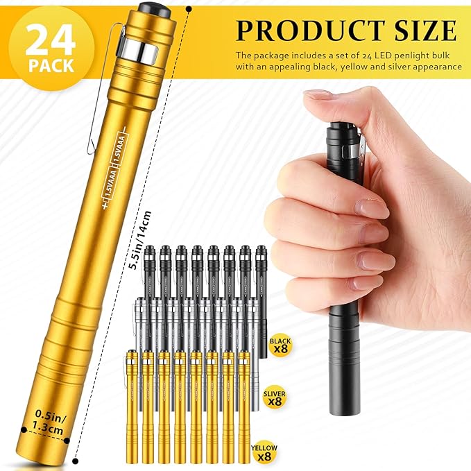 24 Pack Mini Pen Flashlights Bulk LED Pen Lights Aluminum Pocket Flashlights with Clips Small
