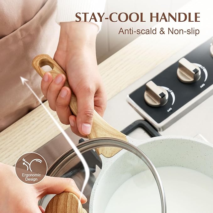 SENSARTE White Ceramic Nonstick Saucepan with Double Spout 3.0 Quarts, Cooking Pot with Stay Cool