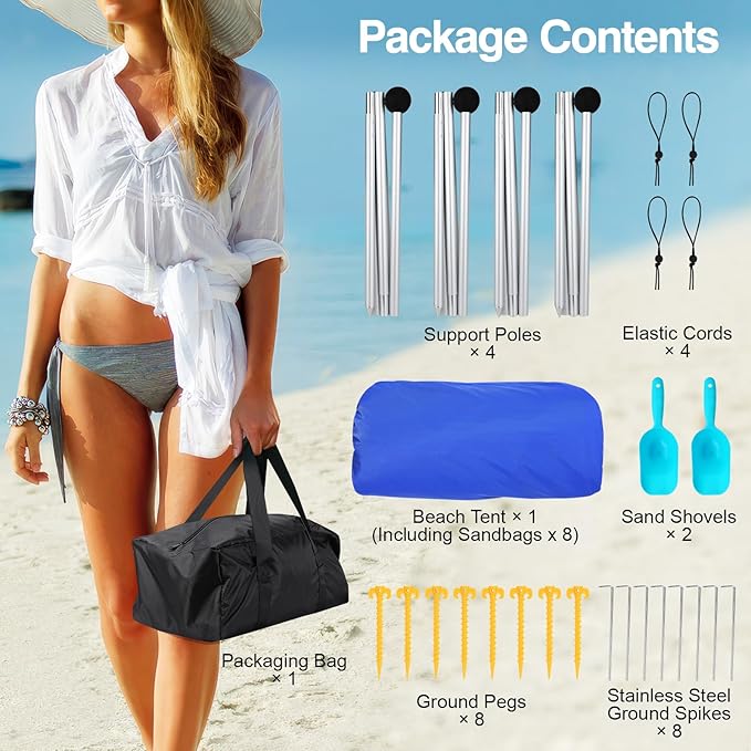 Rhino Valley Beach Tent Shade Canopy UPF50+ Protection, 8 Sandbags, 4 Stability Poles, Outdoor Sun