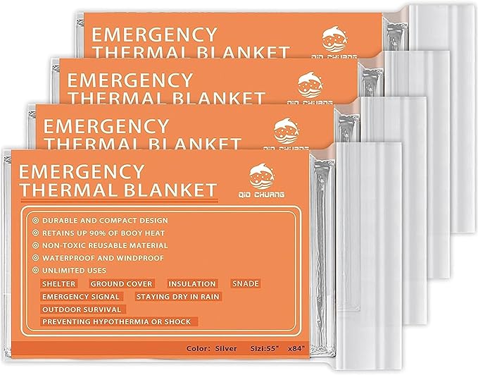 Emergency Mylar Thermal Blankets -Space Blanket Survival kit Camping Blanket (4-Pack). Perfect for