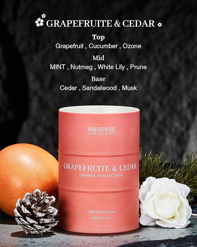M&SENSE Grapefruit Cedar Scented Candles Large, Natural Soy Candles 21.2oz 120 Hour Slow Burning