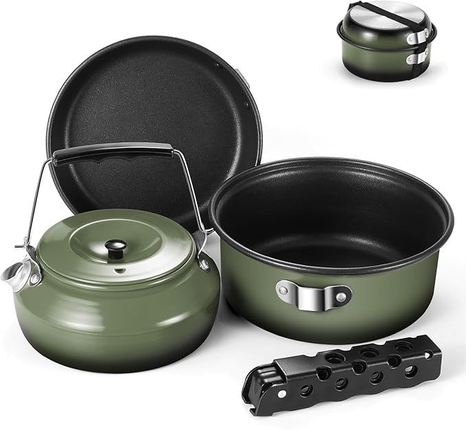 Odoland 5pcs Camping Cookware Non-Stick Camping Pot and Pan Set with Kettle and Removable Handle