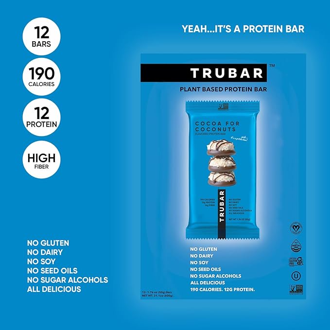 TRUBAR Vegan Protein Bar, Cocoa For Coconuts, Gluten Free, Plant Based Protein, Dairy Free, Non