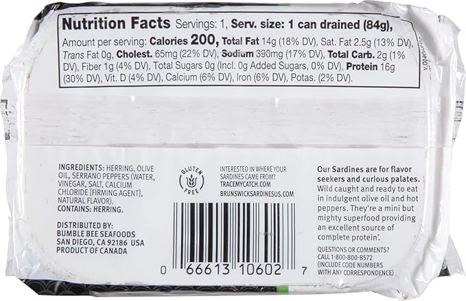 Brunswick Sardines in Olive Oil with Hot Peppers, 3.75 oz Can (Pack of 12) - Boneless Butterflied