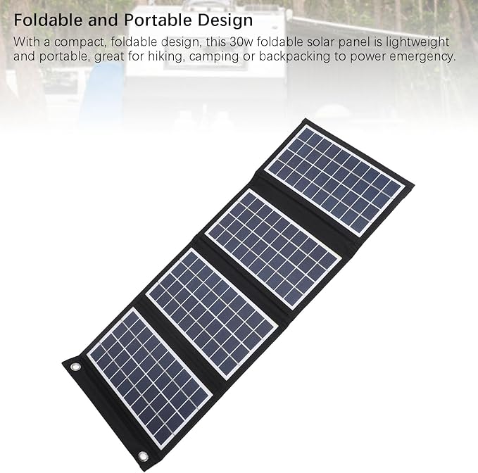 Portable Solar Panel, 30W 5V Foldable Solar Panel Charger with Dual USB Outputs, 4 Fold Water Proof