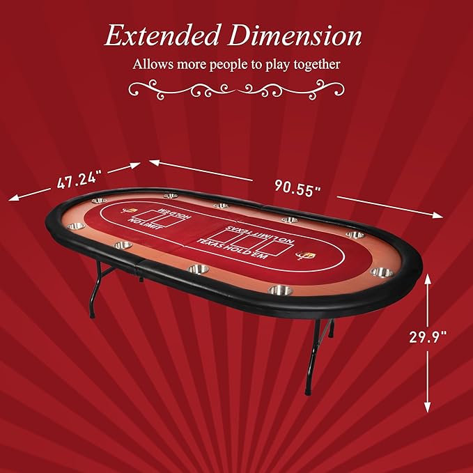 10 Players Oval Poker Table with Padded Rails, Folding Casino-Style Texas Wood Grain Game Poker