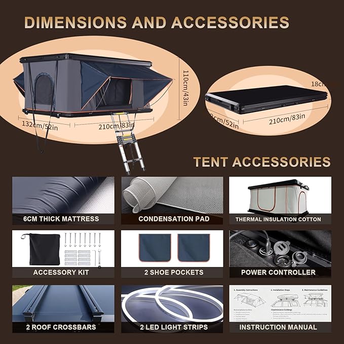 Rooftop Tent Hard Shell - Outdoor Car Camping 2-3 Person Truck, Sedan, SUV, Waterproof, Teardrop