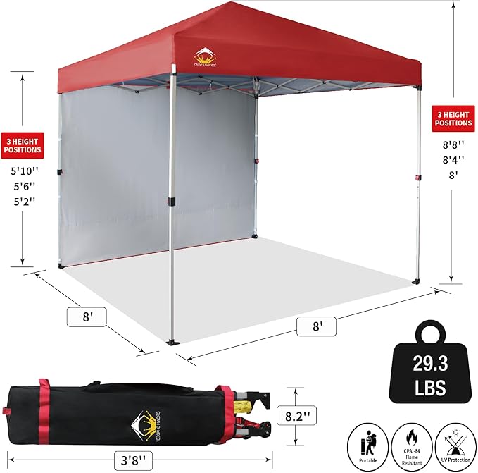 CROWN SHADES 8x8 Pop Up Canopy with 1 Side Wall - Beach Tent with One Push Setup - Outdoor Sun