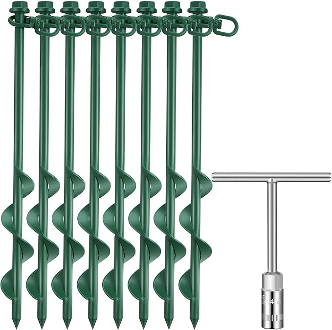 Zhengmy 8 Pcs Ground Anchors Screw in, 12 Inch Heavy Duty Tent Stakes with Trampoline Anchor Hook