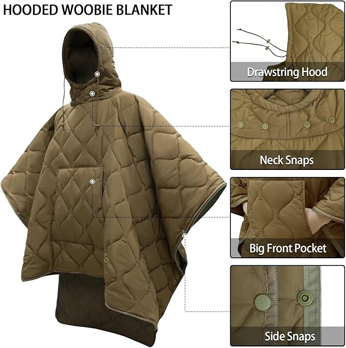 Poncho Liner Hoodie with Pocket Insulated Military Sleeping Bag Waterproof for Outdoor Camping