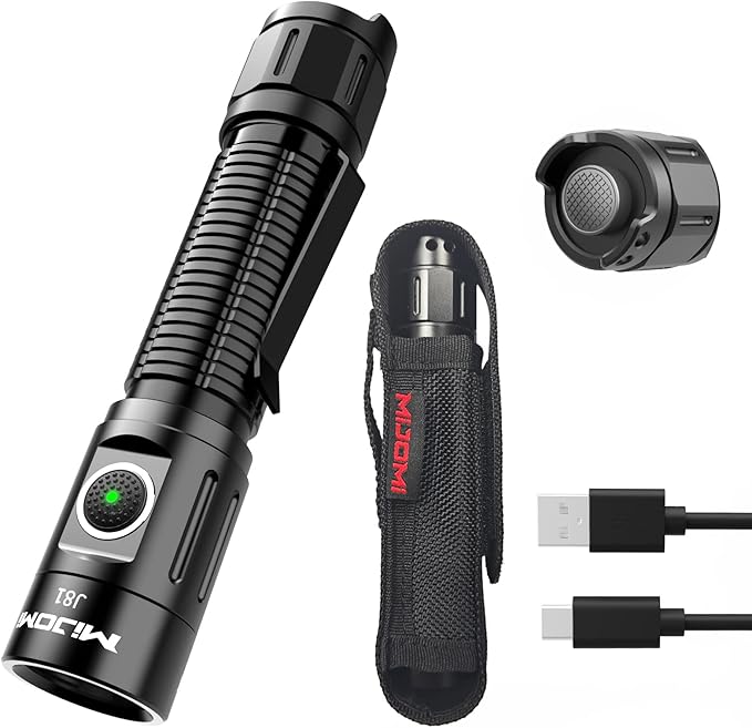 J81 Tactical Rechargeable Flashlight with Holster, 1300 Lumen Super Bright IP68 Waterproof Dual