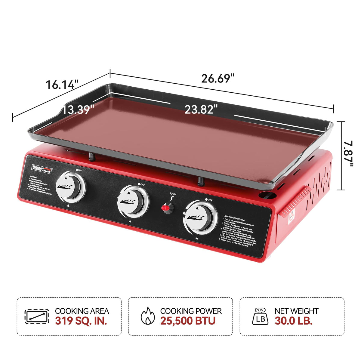 Royal Gourmet PD1301R 3-Burner Tabletop Propane Gas Griddle with Cover