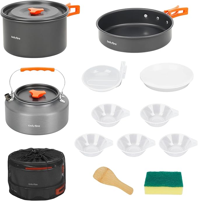 Onlyfire 14pcs Camping Cookware Mess Kit, Non-Stick Lightweight Pot Pan Kettle Set with Plates