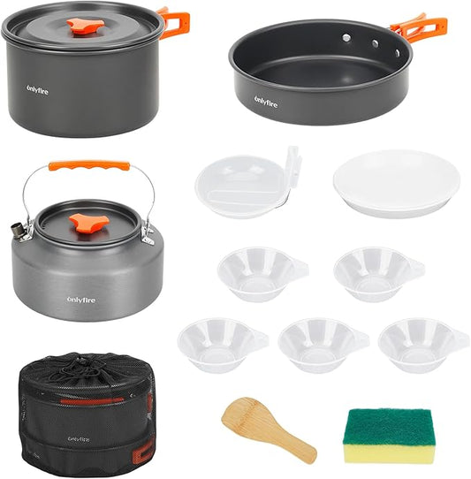 Onlyfire 14pcs Camping Cookware Mess Kit, Non-Stick Lightweight Pot Pan Kettle Set with Plates