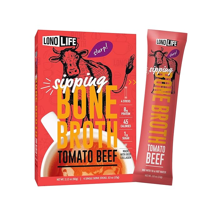 LonoLife Tomato Beef Bone Broth Powder Mix | Grass-Fed, 10g Protein | Collagen-Rich, Keto & Paleo