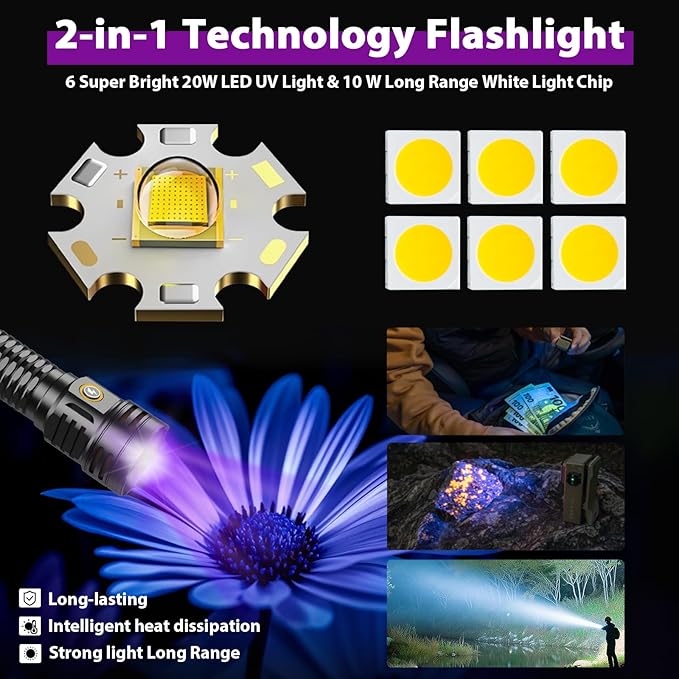 2-in-1 365nm UV Flashlight & High Lumens LED Flashlight, 7 Modes Rechargeable, 18H Runtime, IPX5