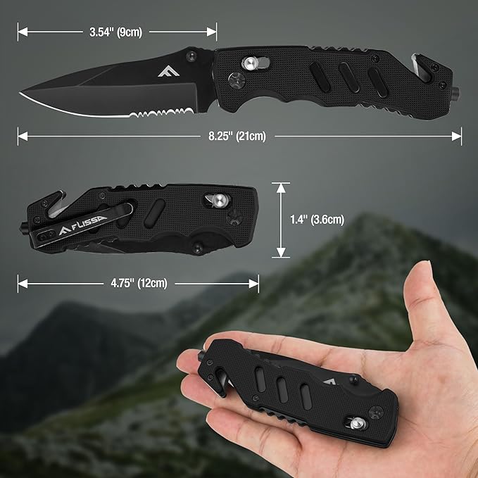 FLISSA Folding Pocket Knife with Clip, Glass Breaker and Seatbelt Cutter, Survival Knife for