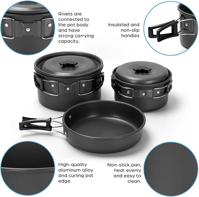 Odoland 15pcs Camping Cookware Mess Kit, Non-Stick Lightweight Pots Pan Set with Stainless Steel