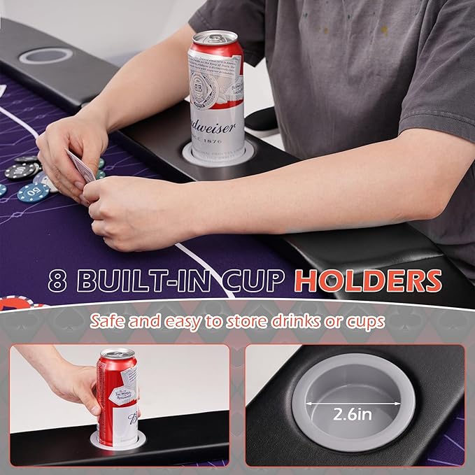71" LED Poker Table - 8 Player Foldable Texas Hold'em Table with Built-in LED Lights, Padded Rails
