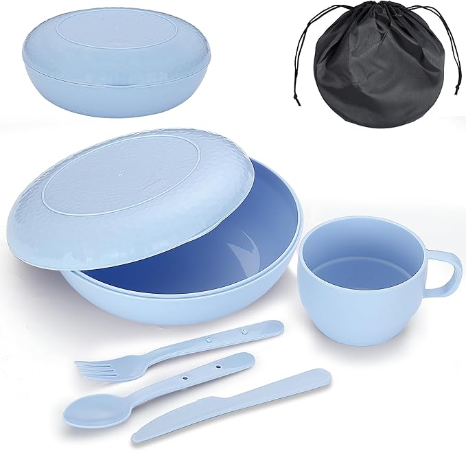 Evanda Camping Mess Kit with Bowl, Plate, Cup, Spoon, Fork, Knife and Carry Bag, Reusable Camping