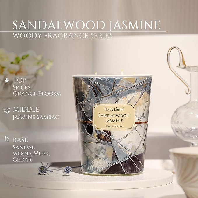 HomeLights Soy Wax Candles for Home Scented, 3-Wick Candles in Sandalwood Jasmine Scented