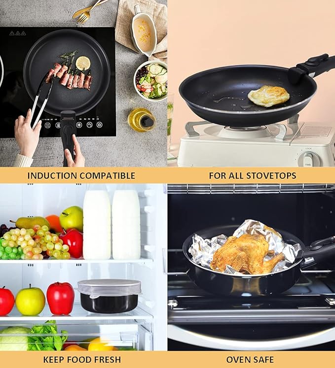 16 Pieces Kitchen Removable Handle Cookware Sets, Stackable Pots and Pans Set Nonstick for